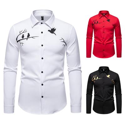 Men's Bird Print Dress Shirt Long Sleeve Casual Formal Top for Men Spring Autumn Fashion Multi-Color Male Blouse