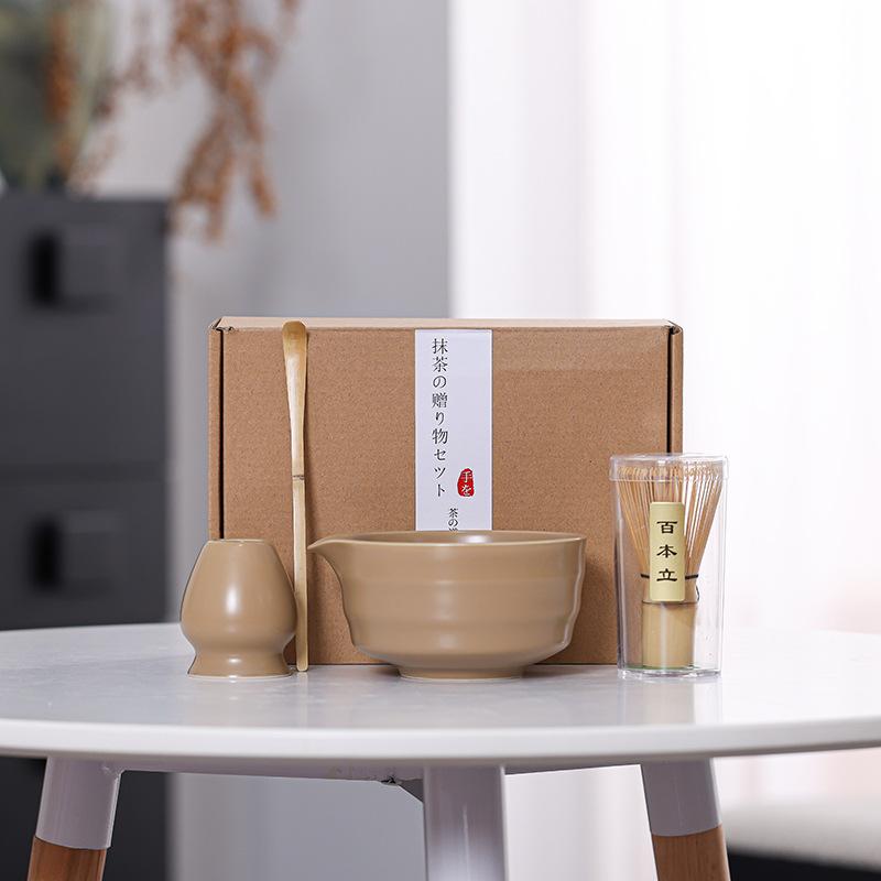 4Pcs Japanese Matcha Set Bamboo Whisk Teaspoon Ceramic Bowl Tranditional Tea Set Home Tea-Making Tools Accessories Birthday Gift