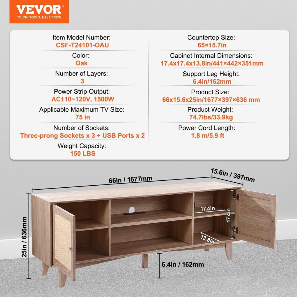 Rattan-TV-Ständer 191cm Fernseher Boho-TV-Schrank Fernsehschrank Eiche