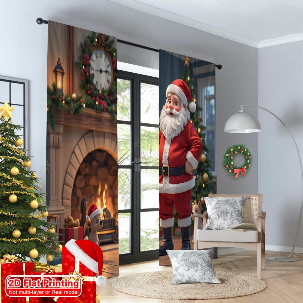 2pcs 2D flat printing Merry Christmas Scene Curtains Santa Claus Christmas Stocking Fireplace Fabric Without Electricity 0 for