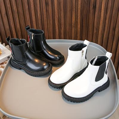 Girls Glossy PU Boots Side Zipper Round Toe Solid Color Mid Ankle Height Stylish Fashion Fall Winter Outings