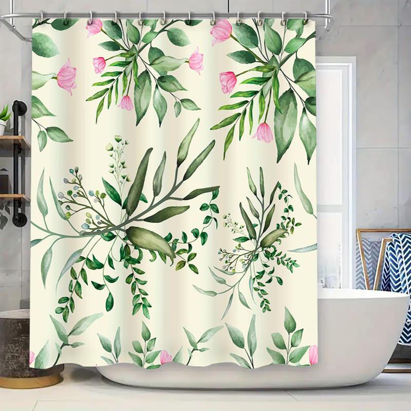 

Green Plant Shower Curtain Decorative Watercolor Pink Blossom Bathroom Accessories Floral Bath Mat Set Waterproof Washcloth Dryi 90x180cm