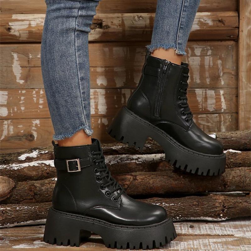 Large Size 2 Autumn New Lace-up Round Head Buckle with Thick-soled Short Tube British Martin Boots