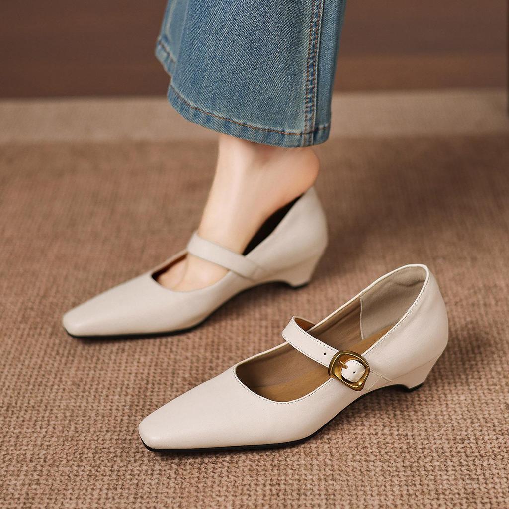 Krazing Pot Microfiber Square Toe Thick Med Heels Spring Summer Shoes Big Size 43 Metal Buckle Beauty Women Shallow Pumps