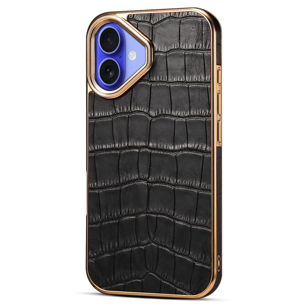 

For iPhone 16 Plus Case Genuine Cow Leather Crocodile Texture Electroplating Phone Cover Black