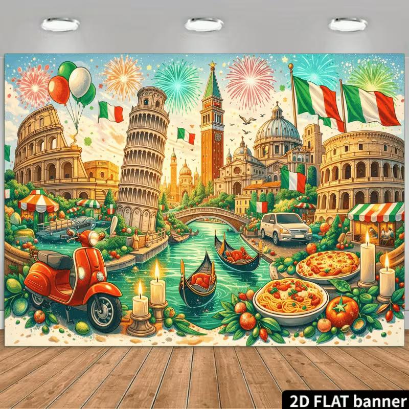

2D Italian Celebration Backdrop Flag, Pizza & Fireworks Photography Background 47.2x31.5inch/120*80cm