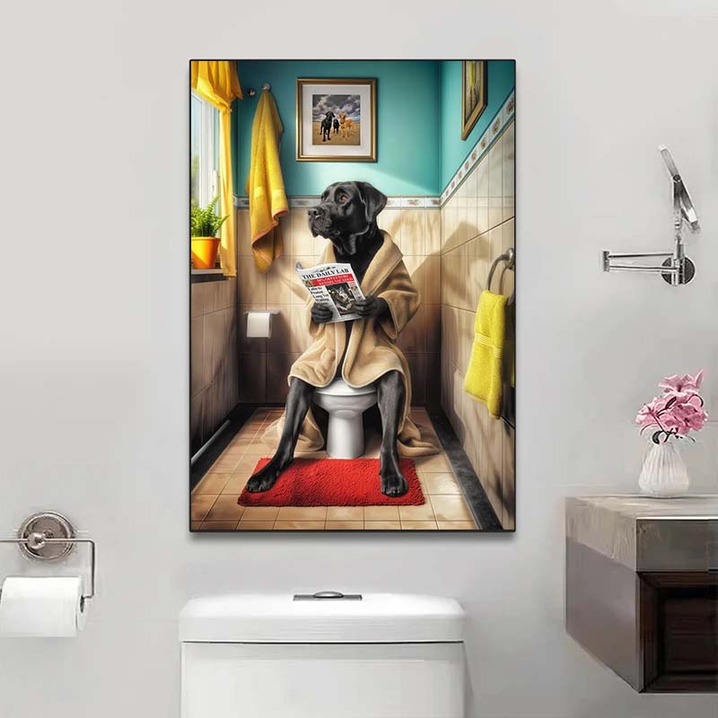 Modern Lion Dog Highland Sitting On Toilet Reading Newspaper Poster Funny Animal Print Canvas Painting Bathroom Decor Picture