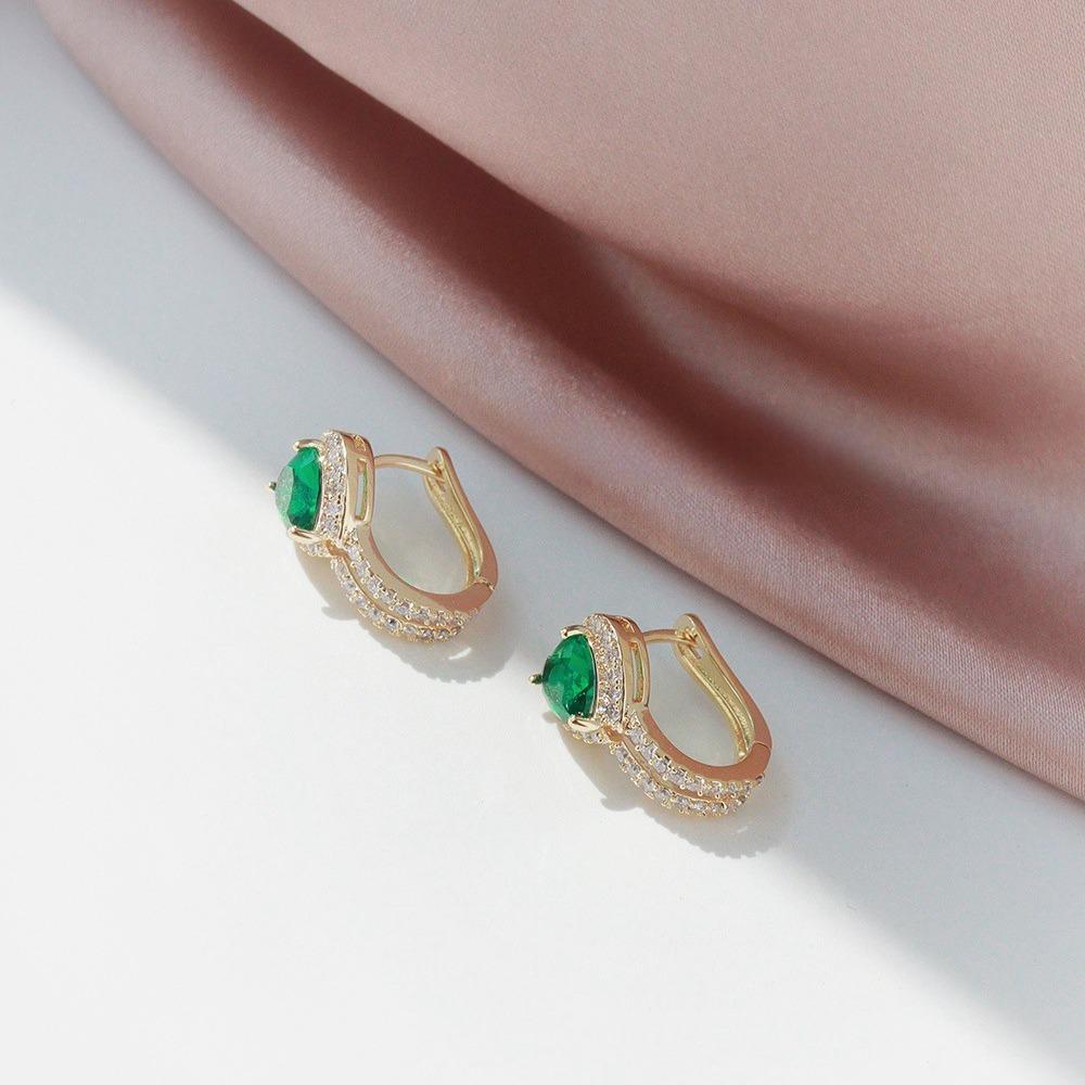 14K Gold Plated Sterling Silver Heart Earrings with Green Zircon and Diamond Backs - Exquisite Design for Women 14K Gold Pair