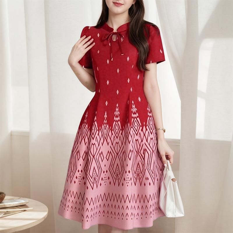 

ZANZEA Womens Stand Collar Summer Casual Short Sleeve Print Dress 2XL красный