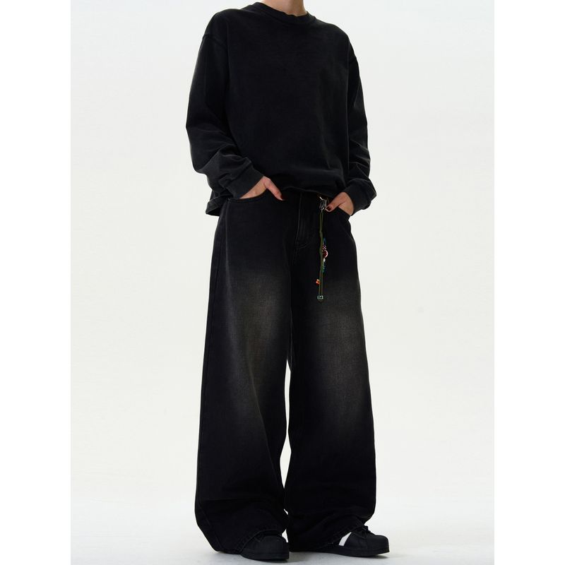 Madwitch Retro Washed Bootcut Denim Men's and Women's Loose Casual Wide Leg Straight Black Pants Ins