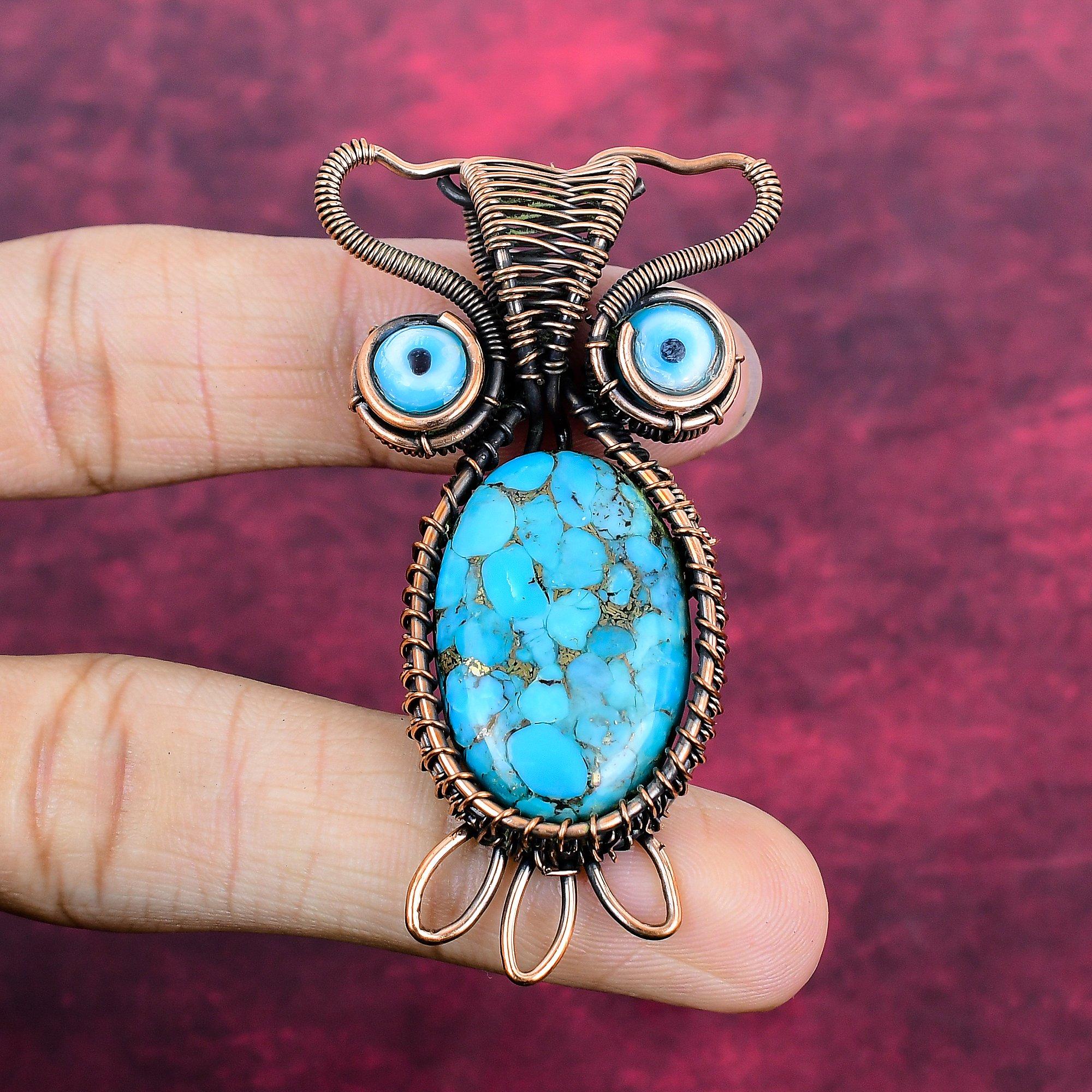 Copper Blue Turquoise Pendant Owl Pendant Copper Wire Wrapped blue color Evil Eye Jewelry