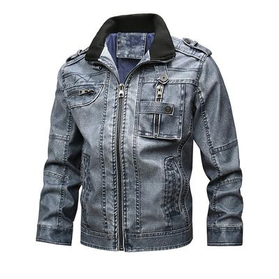 Chaqueta de cuero sintético para motocicleta, lavada, con cuello levantado, para hombre, otoño e invierno, talla grande, informal