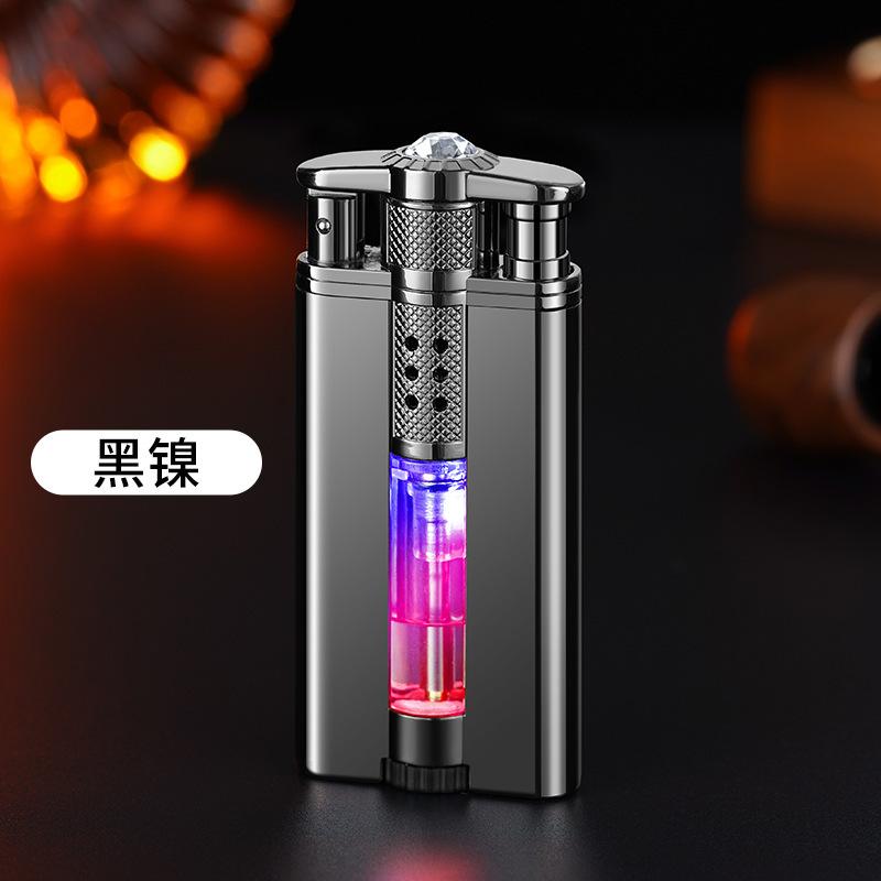 Windproof Diamond Studded Straight Forward Lighter Blue Flame Inflatable Lighter with Visible Gas LED Light Gift for Boys