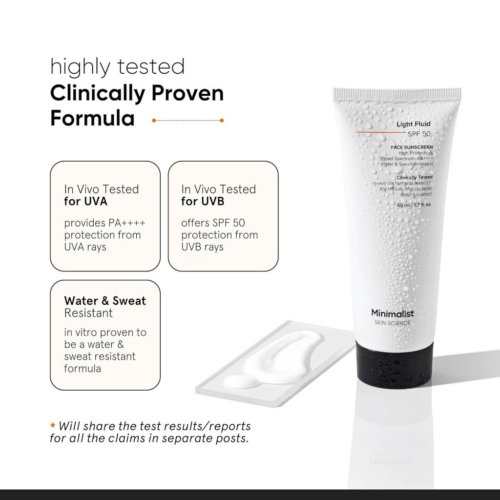 Minimalist Light Fluid Sunscreen SPF 50 PA++++ for Oily Skin, Broad Spectrum, Lightweight, Water & Sweat Resistant 50ml
