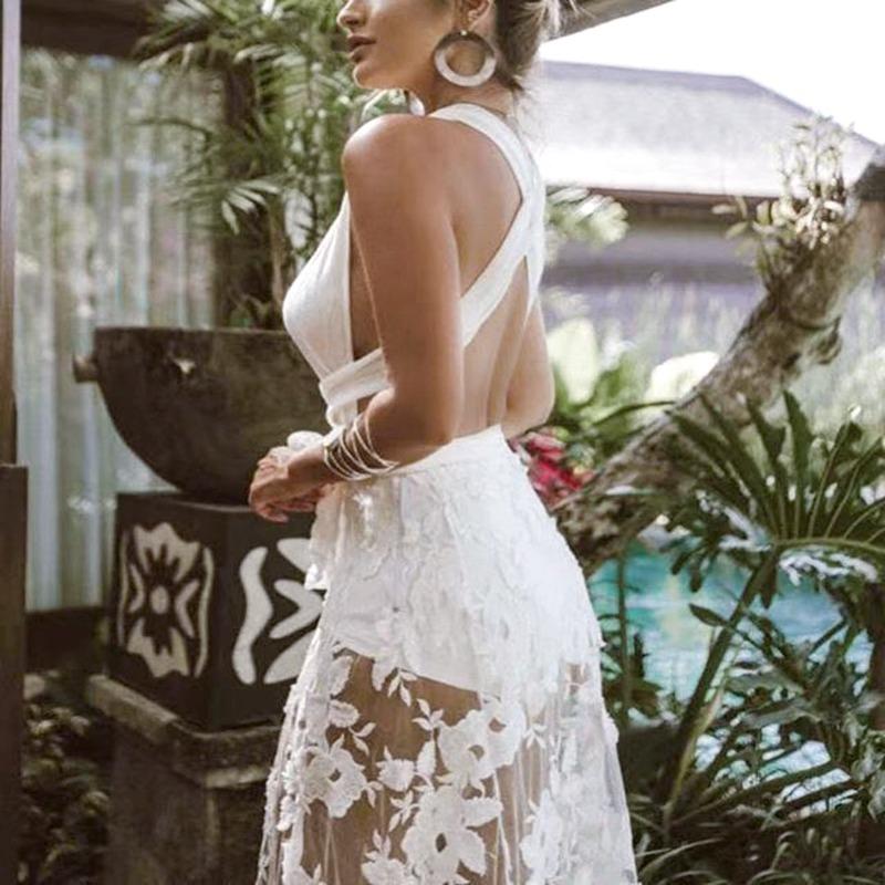 Spring and Suer New Women's Dress Sexy Lace Hollow Backless Beach Dress Long Dress