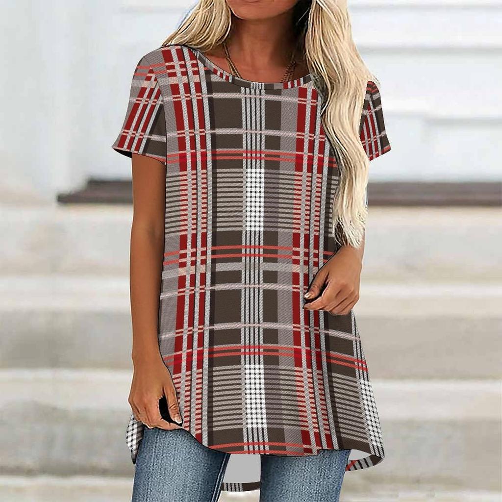 Túnicas Casuales Informales para Mujer con Estampado, Cuello Redondo, Dobladillo Irregular y Manga Corta