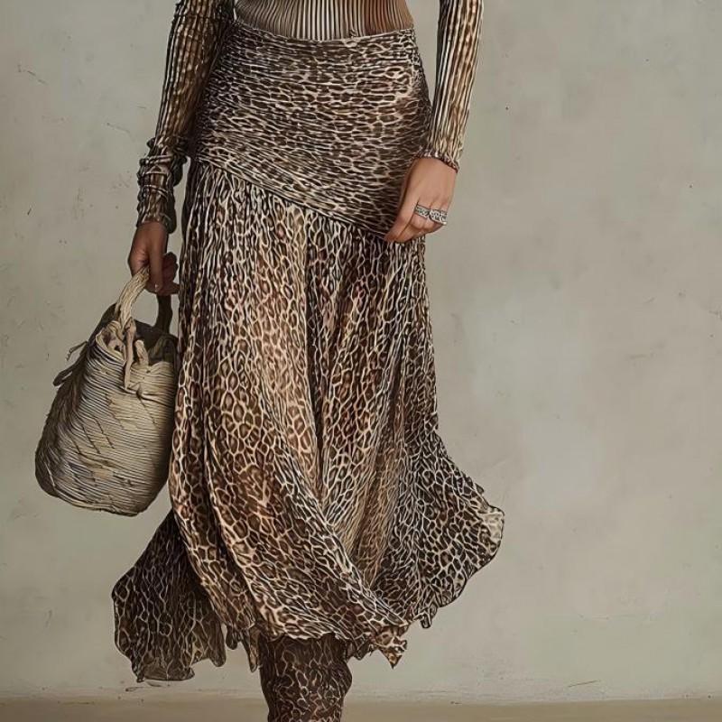 2025 Bohemian Chic Ribbed Leopard Print Long Sleeve A-Line Knit Dress Women