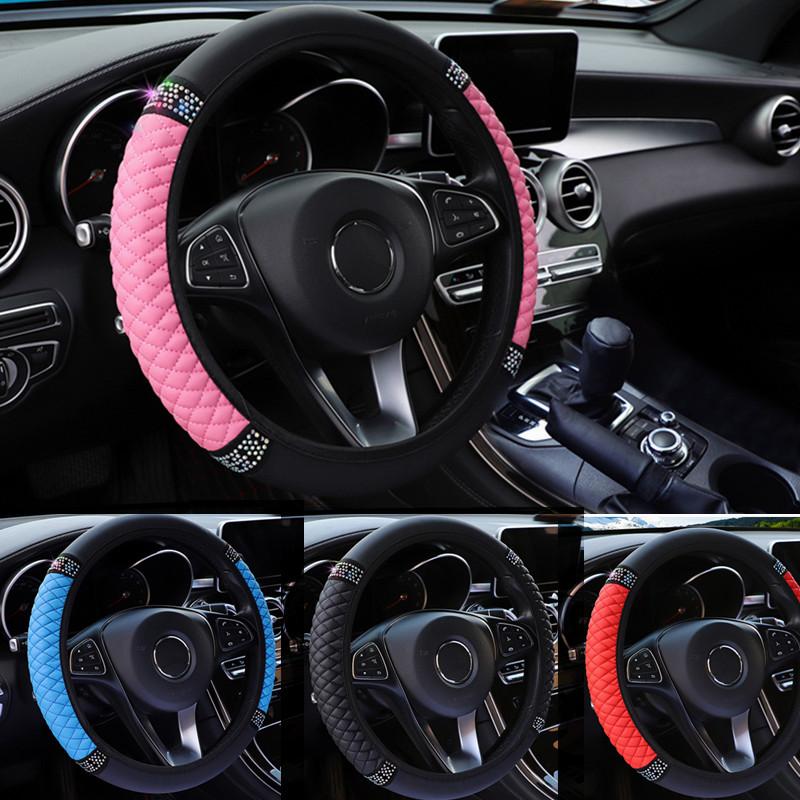 Universal 37-38cm PU Leather Bling Car Steering Wheel Cover Rhinestone Steering-Wheel Covers Auto Interior Decor
