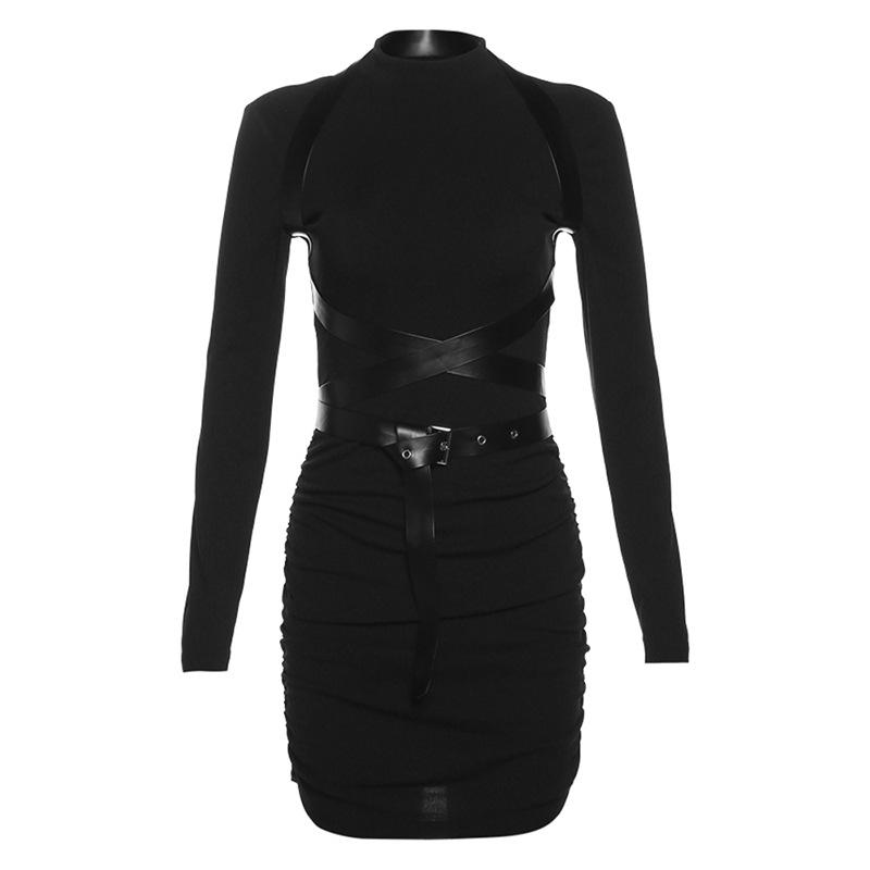 Vestido feminino punk franzido com bainha fina e sexy de cintura alta com arnês de couro sintético