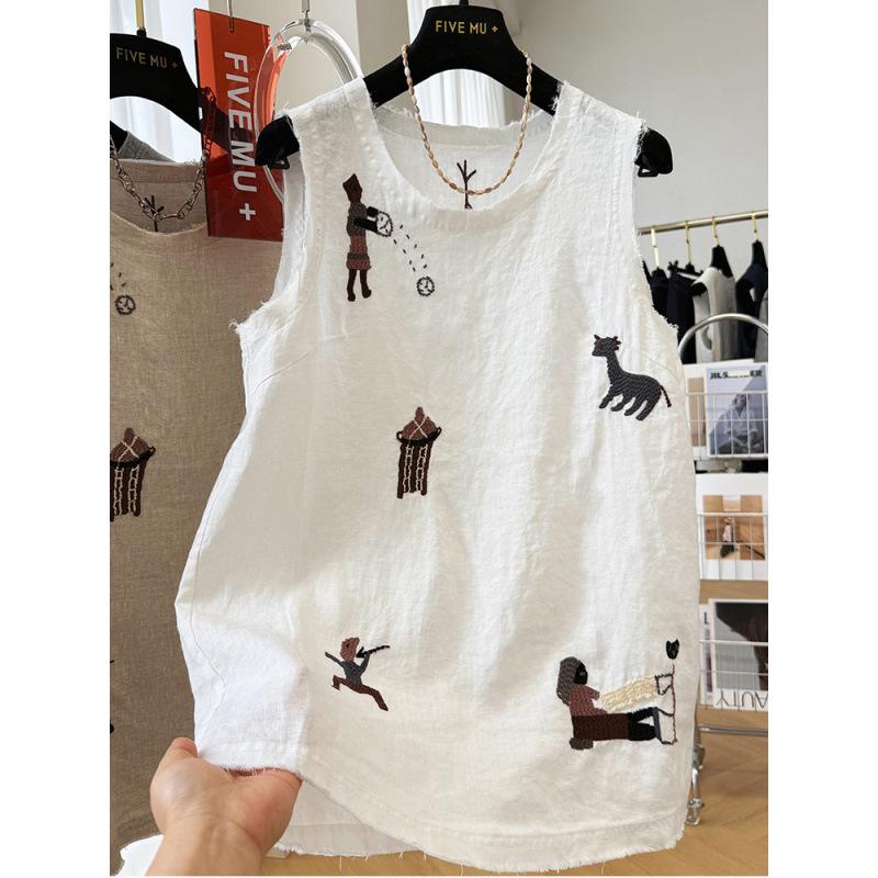 Women's Sleeveless Embroidered Cotton Linen Vest