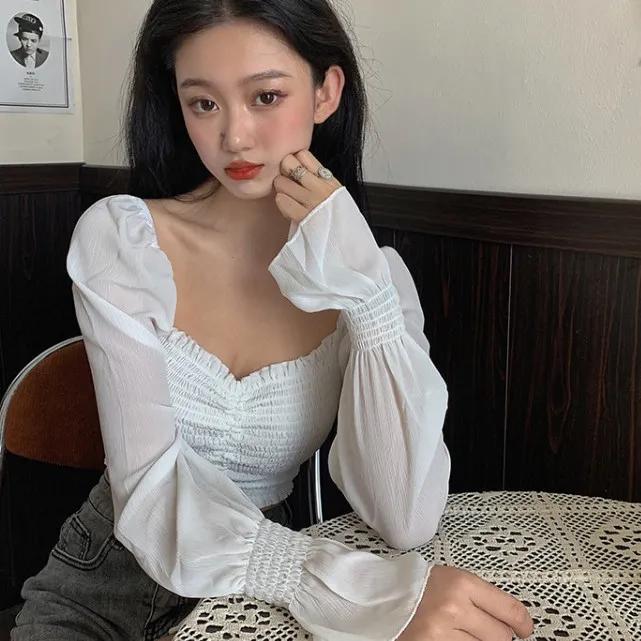 Chiffon-Bluse, sexy, schulterfrei, langärmelig, Kordelzug, kurzes Top, französisches V-Ausschnitt, hohe Taille, abgeschnittenes Nabel-Shirt, solide, modische Y2k-Tops