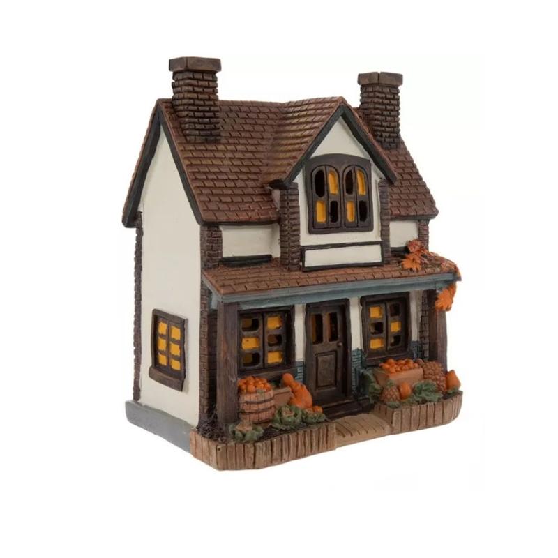 Lighted Pumpkin House Figurine Resin Cottage Statue Warm LED Lighted Decoration for Fall Table Centerpieces, Shelf Decors and Seasonal Home Display
