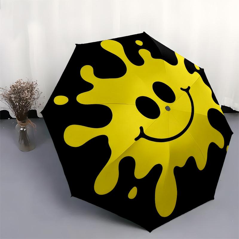 1pc smiley sun Automatic Folding Umbrella, Heavy Duty 8 Rib Iron Frame,  Suitable for Travel, Daily Use, Birthday, Decor Gift  54