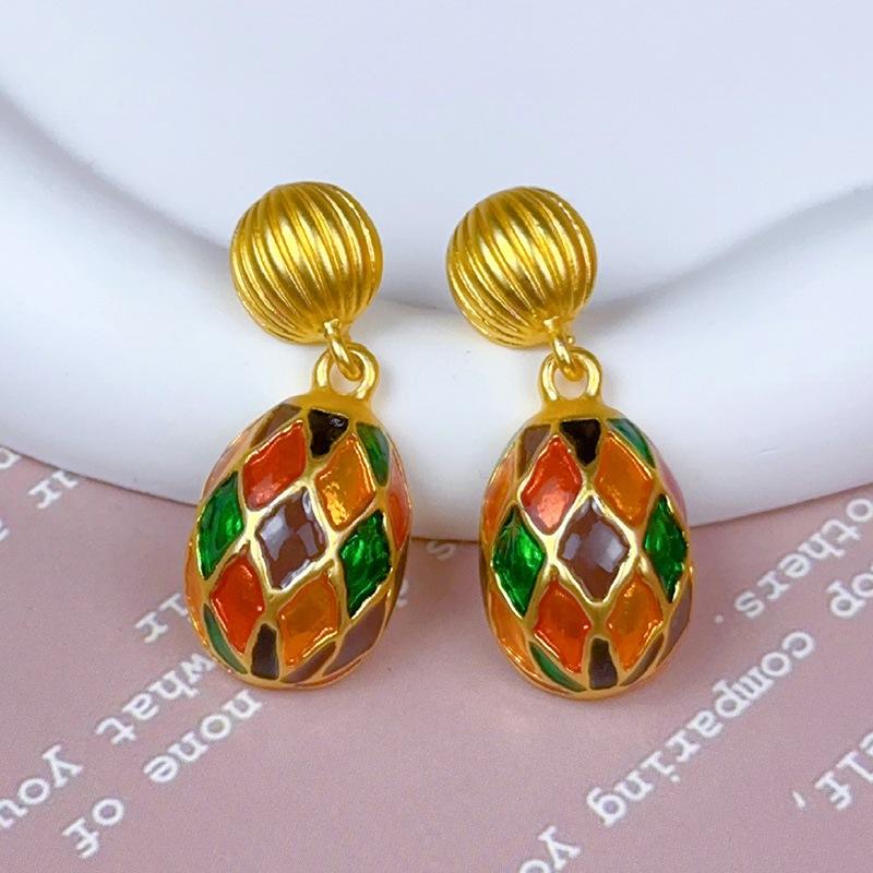 Pinkdudu Vintage Silver Needle Oval Enamel Colored Glazed Drop Earrings Luxurious Classical Court Style Dangle earrings for Women PD2136