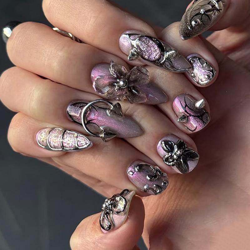 30 ks/krabička Černá/stříbrná slitina kovu ozdoby na nehty dekorace DIY 6 mřížek smíšené cool Y2K punkové doplňky pro nail art manikúra