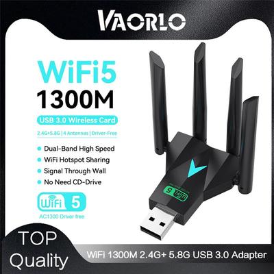 VAORLO Adapter USB WiFi 1300Mbps Dwupasmowy 2.4G/5Ghz Dongle Wi-Fi 802.11AC Mocna Antena Odbiornik Bezprzewodowy Do PC/Laptopa Bez Sterowników