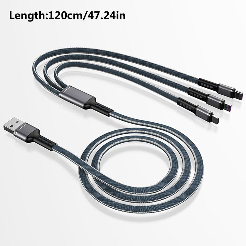 

Кабель для передачи данных 3 в 1, плоский плетеный кабель мощностью 66 Вт, подходит для кабеля для передачи данных с ОС Android Type-c, Apple 5A, сверхбыстрая зарядка 1.2m серый