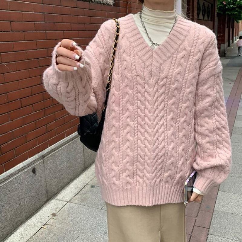 

Мягкий восковой нежный ветер V-образный вырез свободный пуловер утолщенный свитер с косами осень-зима новый верхняя одежда вязаный свитер топ женский One Size