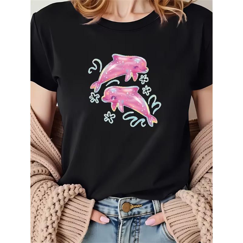 Unisexs Cute Pink Dolphin Graphic Tshirt Ocean Animal Print Casual Crewneck Short Sleeve For Daily Wear Vacation