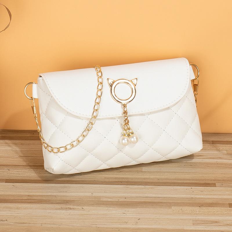 

Ladies bag summer new fashion fresh cat head pearl rhombus shoulder bag messenger bag one piece белый
