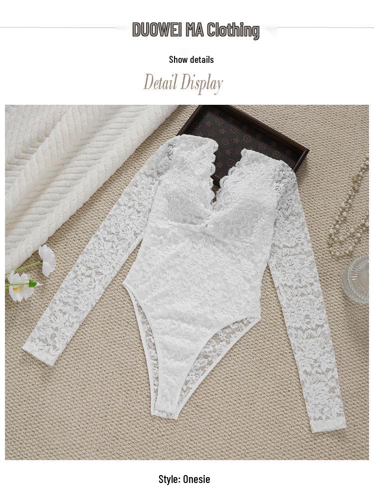 Slimming Lace V-Neck Backless Long Sleeve See-Through Lingerie Bodysuit