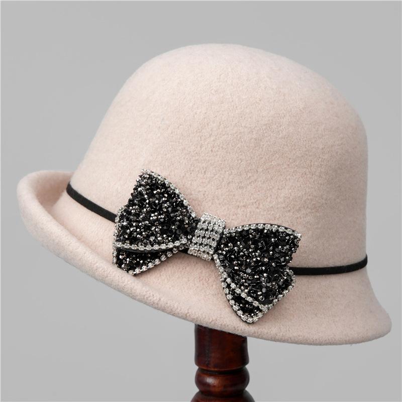 

Autumn and winter woolen top hat women rhinestone bow socialite small brim retro basin hat fashion bucket hat M（56-58cm）