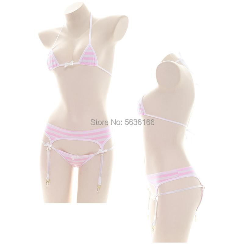 Japanese Sexy Lingerie Lolita Kawaii Blue Pink White Striped Mini Bikini Adult Cosplay Erotic Costumes Bra Women Underwear Set