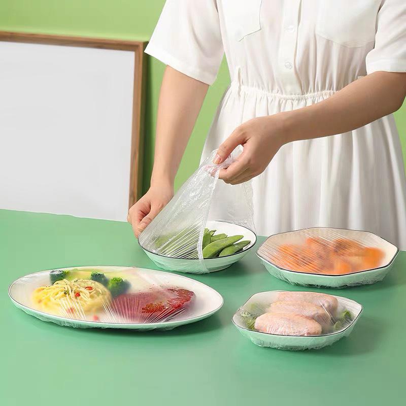 100 Stück Einweg-Lebensmittelabdeckung Lebensmittelqualität Frischhalte-Plastiktüten Gemüse-Obstschalen-Abdeckung Küchenaufbewahrungszubehör