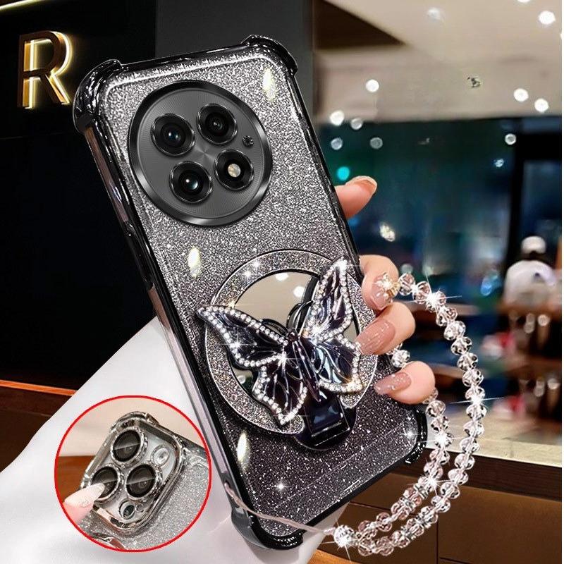 Glitter Butterfly Mirror Crystal Bracelet Case For Oneplus 13 13T 15 12 11 11R ACE 5 3 2 Pro Shockproof Plating Cover