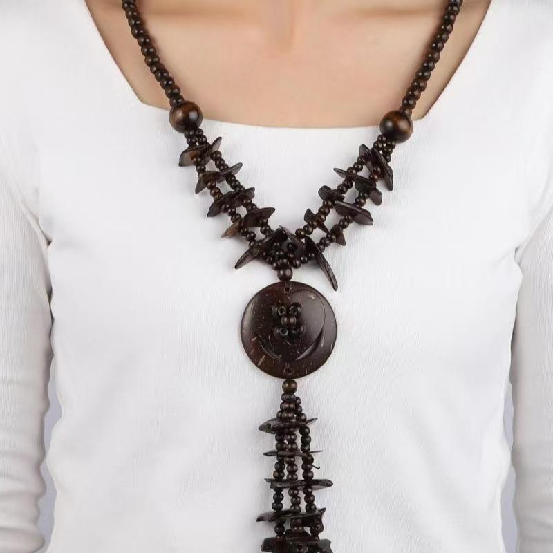 JMXD-Girls Necklace Ethnic Style Necklace Ethnic Style European and American Long Coconut Shell Wood Bead Retro Necklace