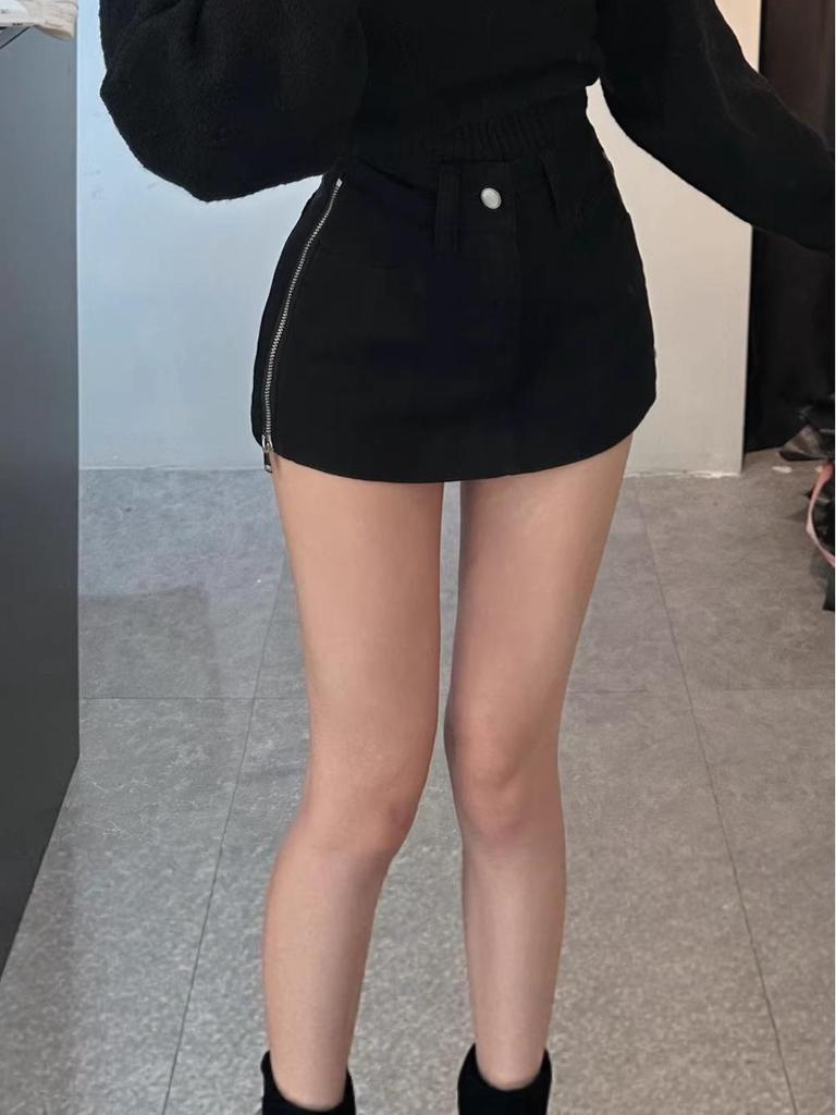 Women's Summer High Waist A-line Denim Skort with Side Zipper - Slimming and Hip-Hugging Design