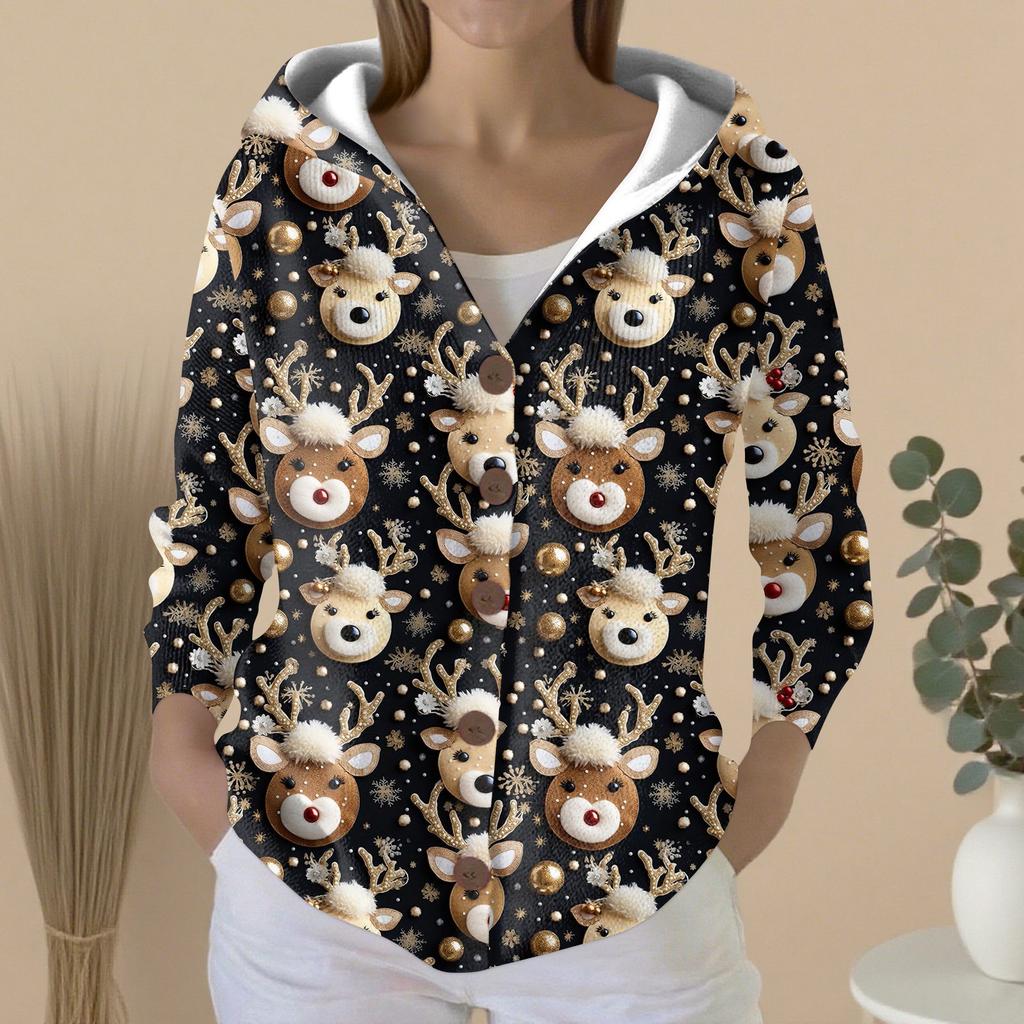 Women's Fashion Casual Sweater Button-Up Print Cardigan  Hooded Jacket