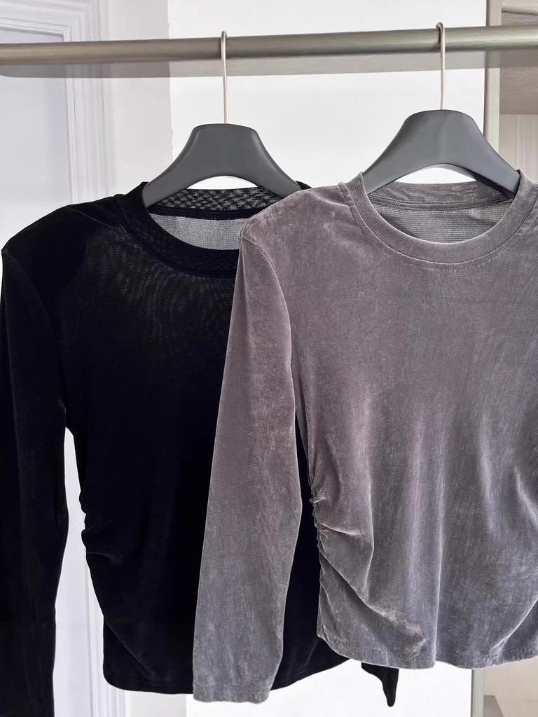 Damen Luxe Samt Langarm-T-Shirt – 2026 Rundhals Schmale Passform für den frühen Frühling/Herbst