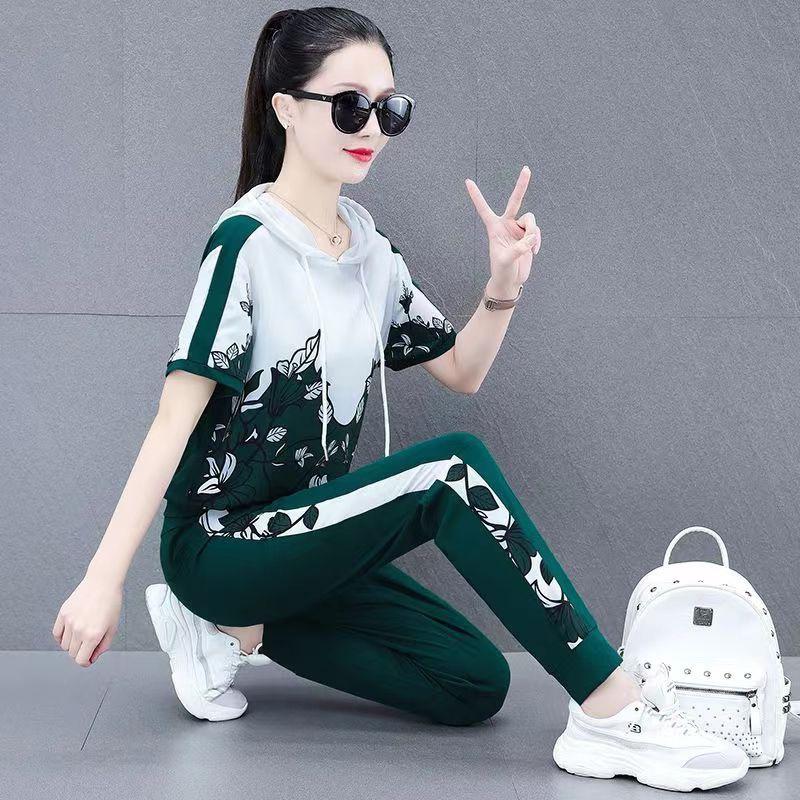 Casual Sports Suit for Women, Summer, Fashionable, Hooded, Slim, Short-sleeved, Loose Running Two-piece Set