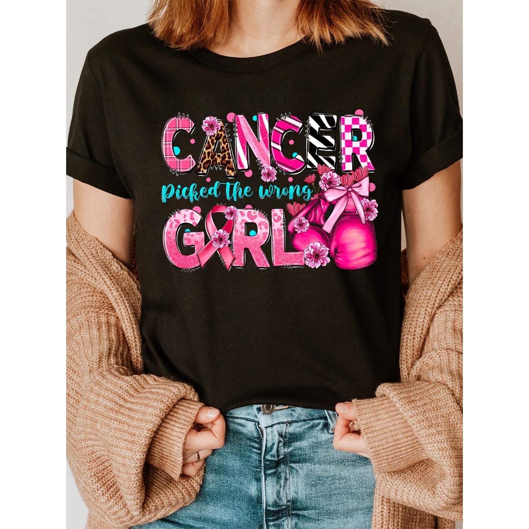 Boxing Gloves Bow, Breast Cancer Awareness Print T-Shirt, Short Sleeve Crew Neck Casual Top S чёрный