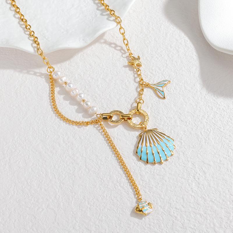Bohemian Stainless Steel 18k Gold Shell Ocean Series Long Necklace, Fashionable and Versatile Titanium Steel Design