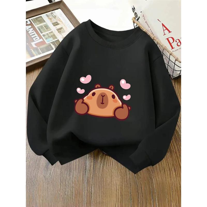 Girls' Crewneck Sweatshirt - Cute Bear with Hearts Background Machine Washable, Spring And Autumn, Sportswear And Casual Wear, Soft And Comfortable