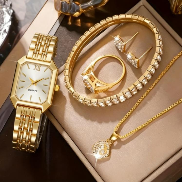 Ladies Watch Set New Fashion High-End Personalized Diamond-Encrusted Small Square Watch Rhinestone Jewelry 5Pcsset Diamond