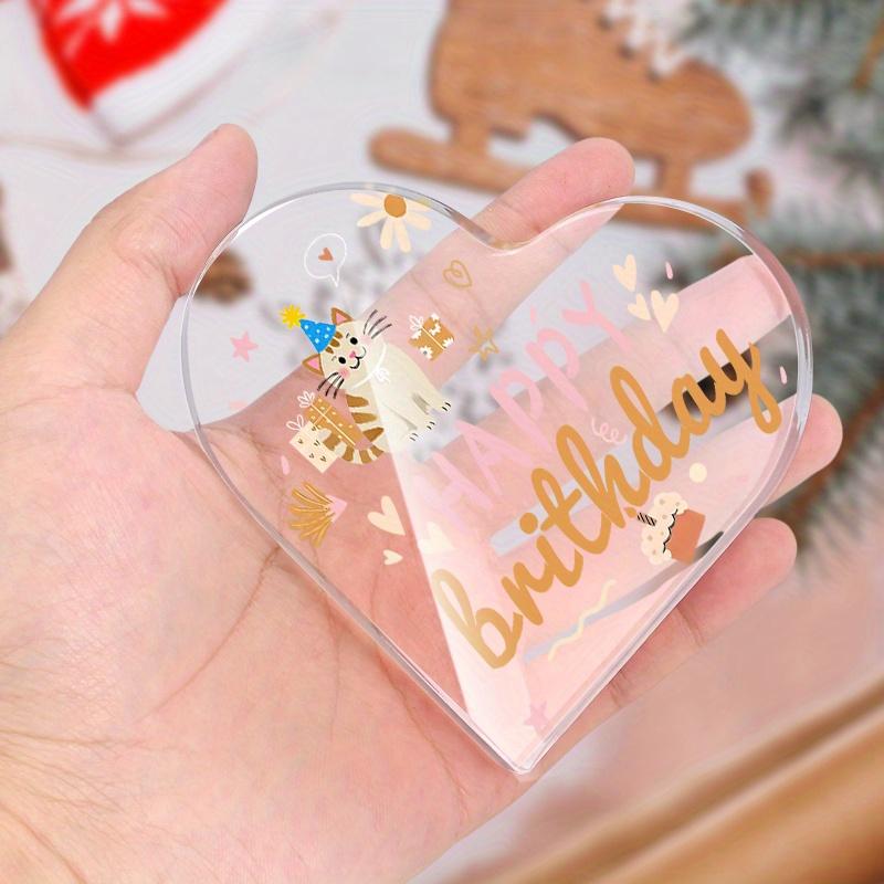 Happy Birthday Acrylic Decoration - Transparent Heart-Shaped Party Decor with Cute Cat, Stars & Confetti Design, Perfect Gift for Birthdays, Festive A
