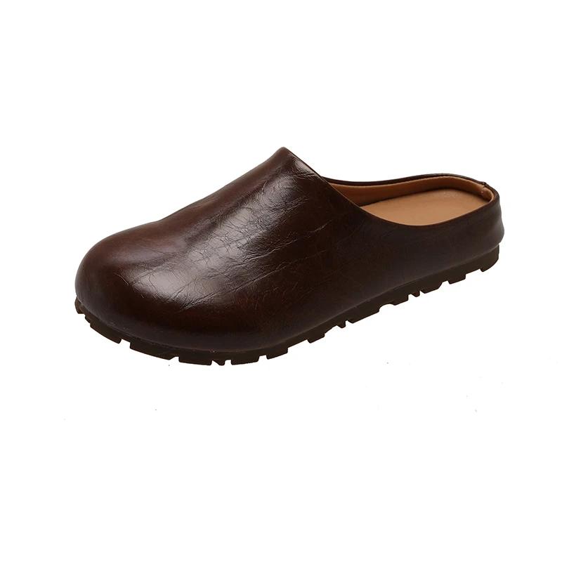 

Новые женские мюли, плоские тапочки, круглый носок, обувь слипоны, противоскользящая, женская, закрытый носок, ретро, повседневная, удобная, женские тапочки 40